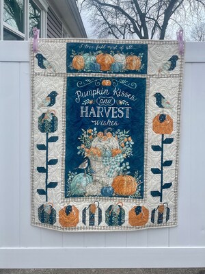 Pumpkin Kisses and Harvest Wishes Quilted Wall Hanging, I Love Fall Most Of All Quilt, Fall Throw Blanket, Blue and Orange Fall Quilt Decor - image1